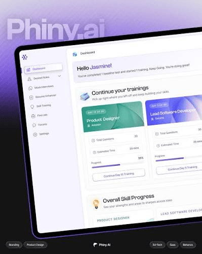 Phiny.ai learner dashboard: continue-your-trainings cards for Product Designer and Lead Software Developer roles, with progress bars and overall skill progress